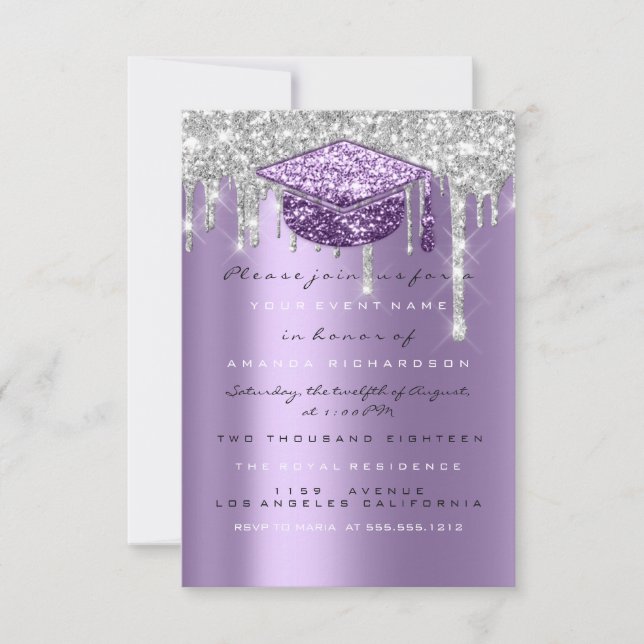 Spark Glitter Drip Silver Purple Grey  Graduate  Invitation (Front)
