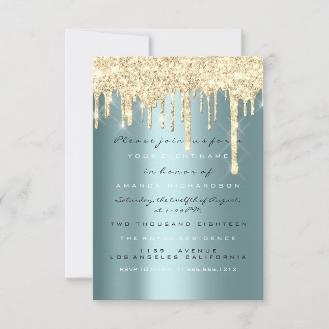 Spark Glitter Drips Gold Teal Bridal Sweet 16th Invitation (Front)