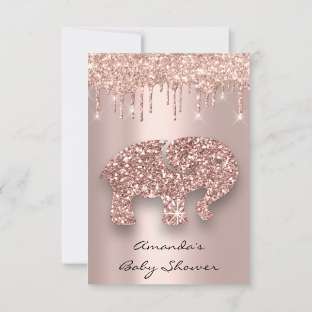 Spark Glitter Drips Rose Baby Shower Elephant Invitation (Back)