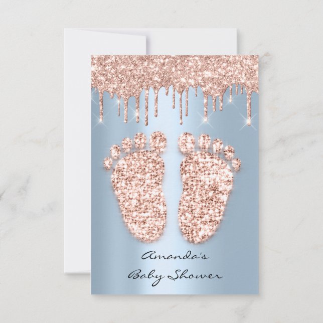 Spark Glitter Drips Rose Blue Baby Shower Feet Invitation (Back)