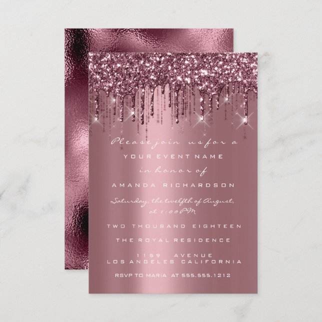 Spark Glitter Drips Rose Burgund Bridal Sweet 16th Invitation (Front/Back)