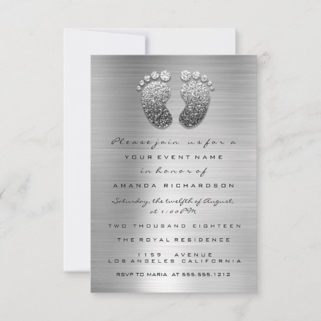 Spark Glitter Drips Silver Grey Baby Shower Foot Invitation (Front)