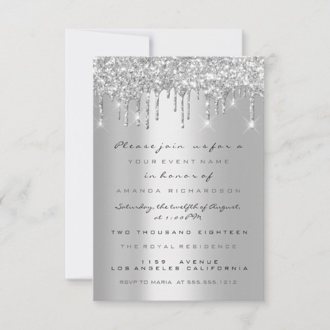 Spark Glitter Drips Silver Grey  Bridal Sweet 16th Invitation (Front)