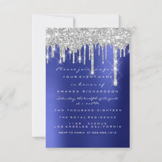 Spark Glitter Drips Silver Navy Bridal Sweet 16th Invitation (Front)