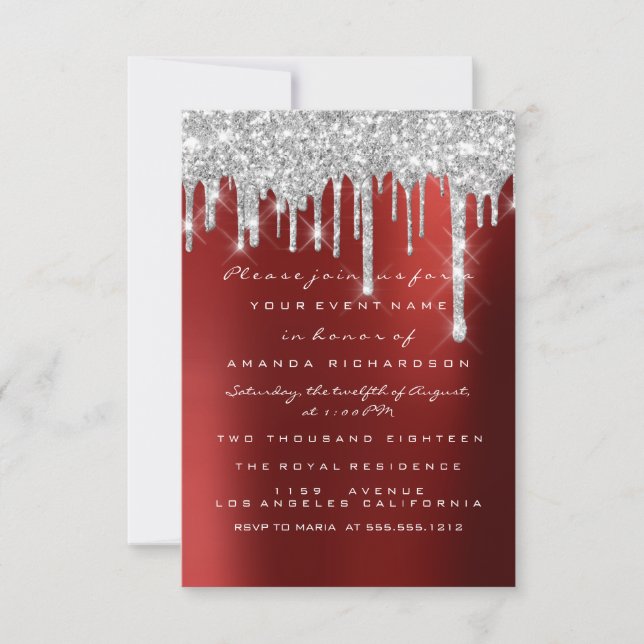 Spark Glitter Drips Silver Red Bridal Sweet 16th Invitation (Front)