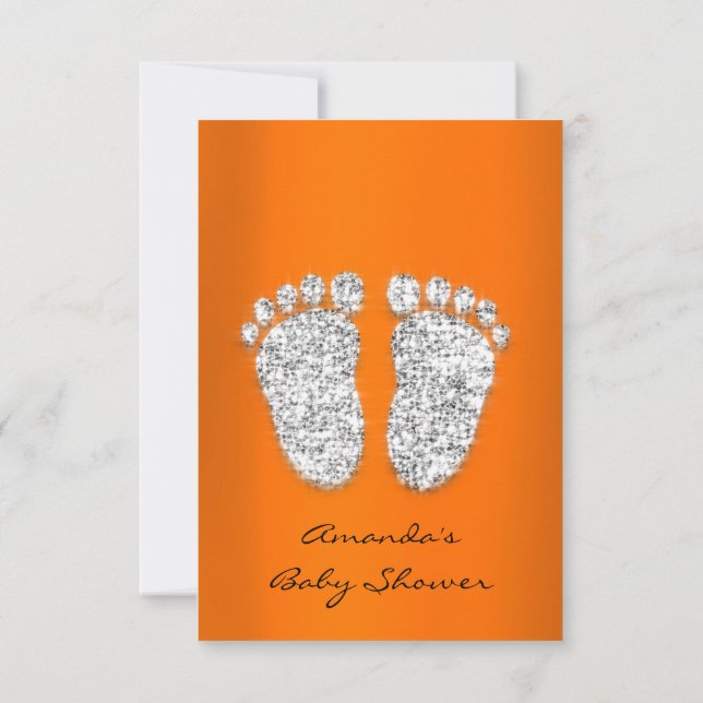 Spark Glitter Orange Silver Grey Baby Shower Feet Invitation (Back)