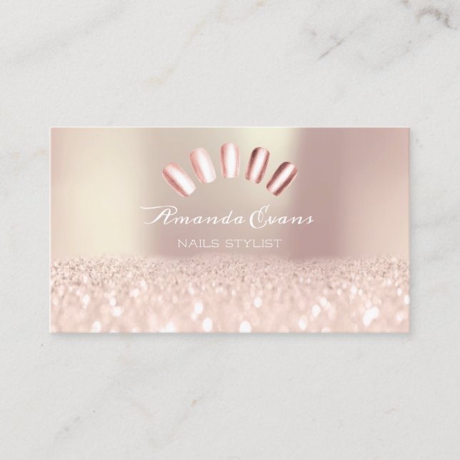 Spark Glitter Rose Gold Nails Artist Appointment Card (Front)