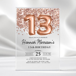 Sparkle 13th Birthday Rose Gold Balloons Party Acrylic Invitations