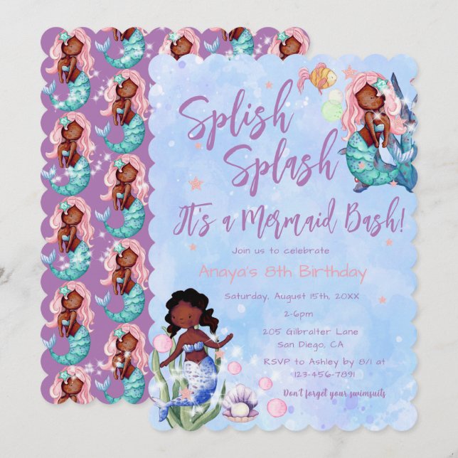 Sparkle African American Mermaid Bash Birthday Invitation (Front/Back)