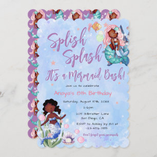 Sparkle African American Mermaid Bash Birthday  Invitation
