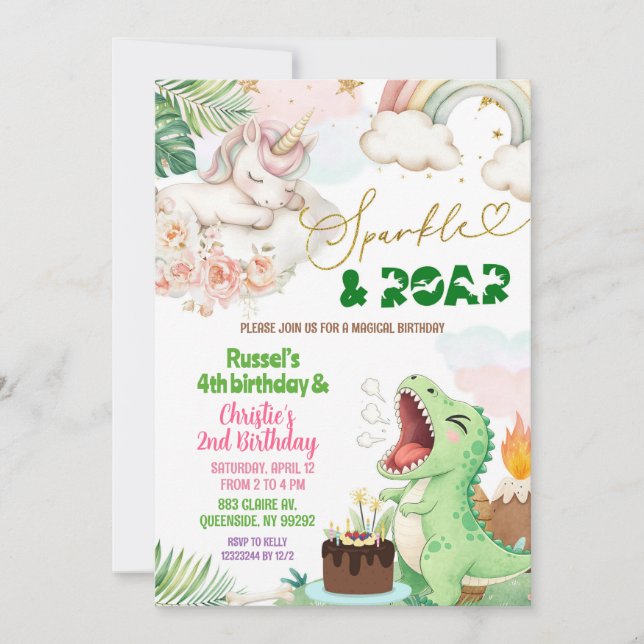 Sparkle And Roar Unicorn Dinosaur Joint Birthday Invitation (Front)