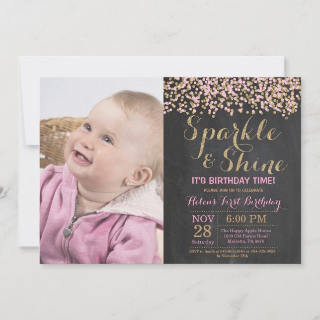 Sparkle and Shine Pink Gold Birthday Invitation (Front)