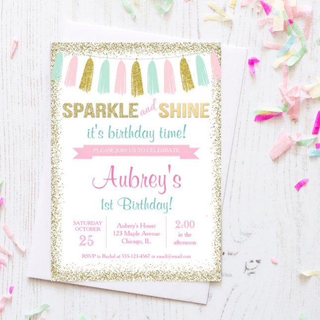 Sparkle and shine pink gold birthday invitation (Creator Uploaded)