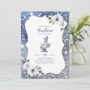Sparkle blue glitter and floral 1st birthday invitation