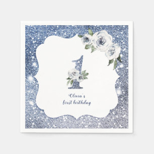 Sparkle blue glitter and floral 1st birthday napkin