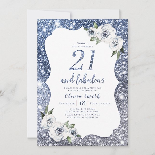 Sparkle blue glitter and floral 21st birthday invitation (Front)