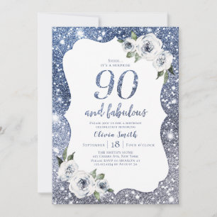 Sparkle blue glitter and floral 90th birthday invitation