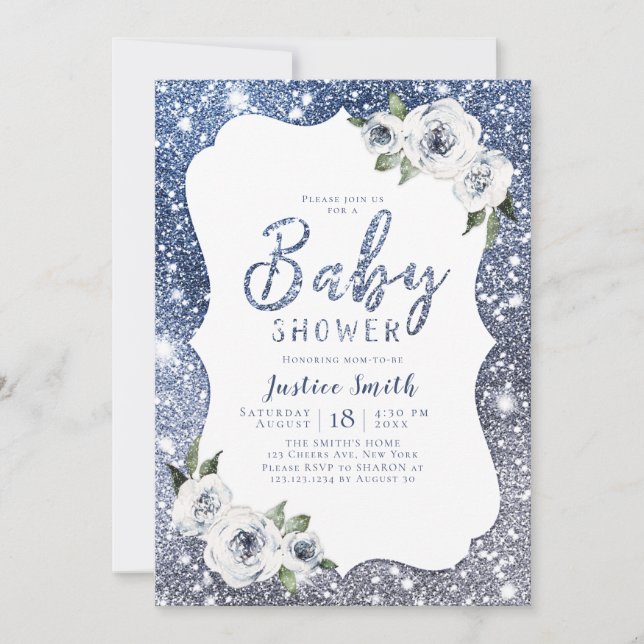 Sparkle blue glitter and floral baby shower invitation (Front)