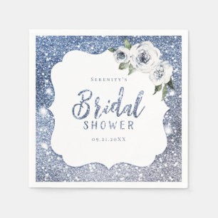 Sparkle blue glitter and floral bridal shower napkin