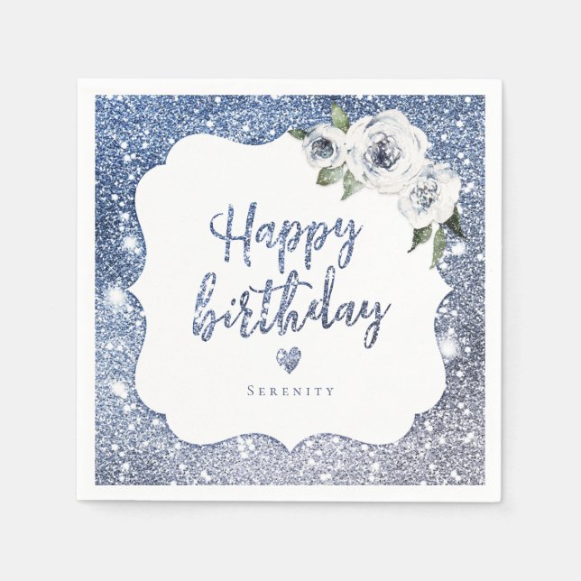 Sparkle blue glitter and floral happy birthday napkin (Front)