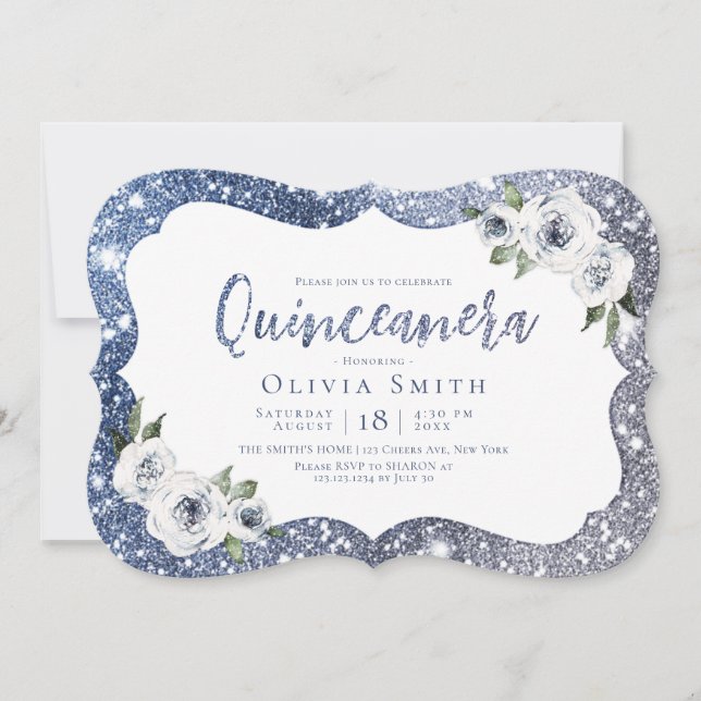 Sparkle blue glitter and floral Quinceanera Invitation (Front)