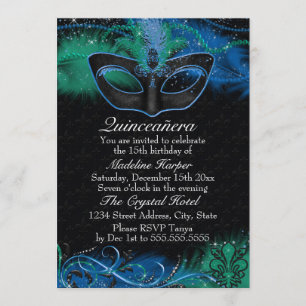 Sparkle Blue & Green Mask Masquerade Quinceanera Invitation