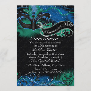 Sparkle Blue & Green Mask Masquerade Quinceanera Invitation