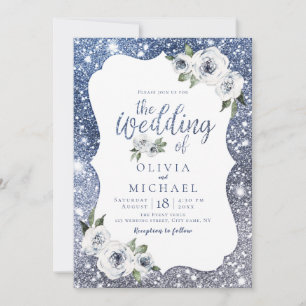 Sparkle blue silver glitter and floral wedding invitation