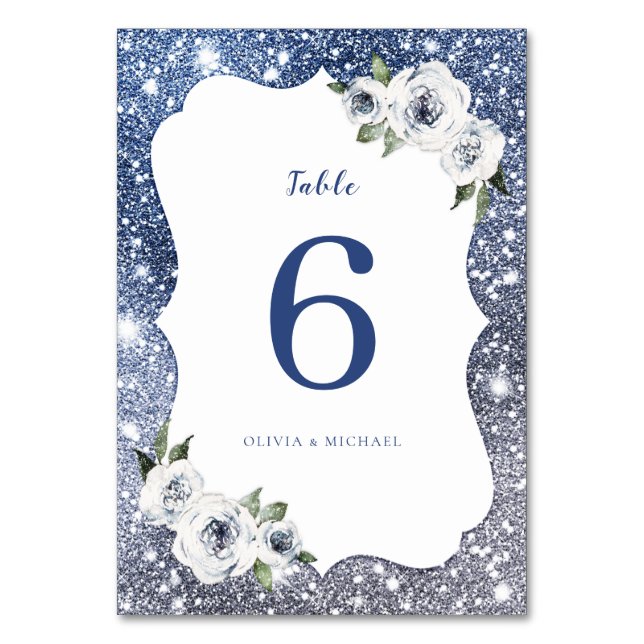 Sparkle blue silver glitter and floral Wedding Table Number (Back)
