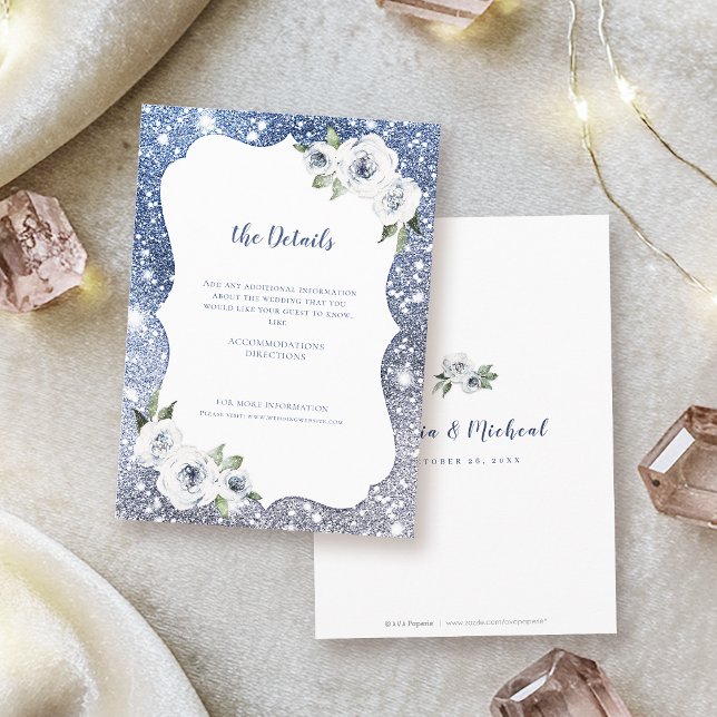 Sparkle blue silver glitter floral Wedding Details Enclosure Card (Sparkle blue silver glitter floral Wedding Details Enclosure Card)