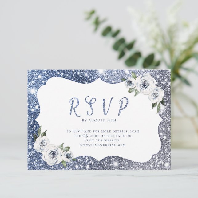 Sparkle blue silver glitter floral wedding QR code RSVP Card (Standing Front)