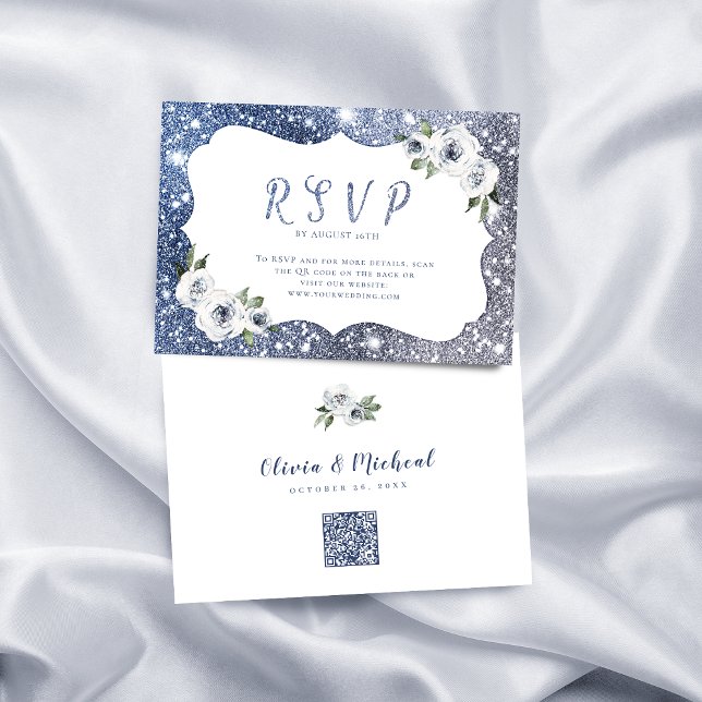 Sparkle blue silver glitter floral wedding QR code RSVP Card (Sparkle blue silver glitter floral wedding QR code RSVP Card)