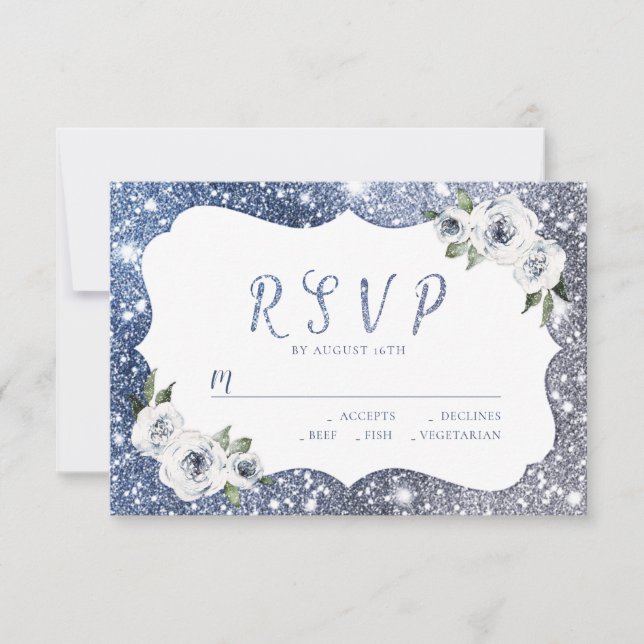 Sparkle blue silver glitter floral wedding RSVP Card (Front)