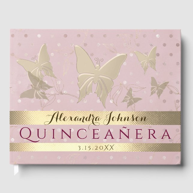 Sparkle Blush Pink Gold Butterflies Quinceanera Guest Book (Front)