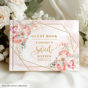 Sparkle Boho Pale Pink Gold Peonies Sweet Sixteen Guest Book