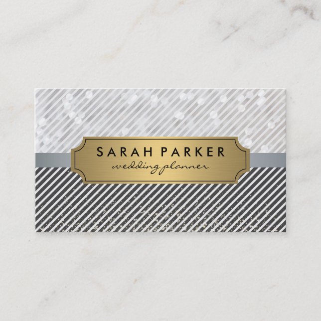 Sparkle Bokeh Metallic Gold Label with Stripes Business Card (Front)