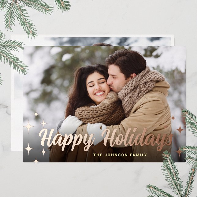 Sparkle Christmas 2 PHOTO Greeting Rose Gold (Customizable Christmas holiday greeting photo card with real foil print.)