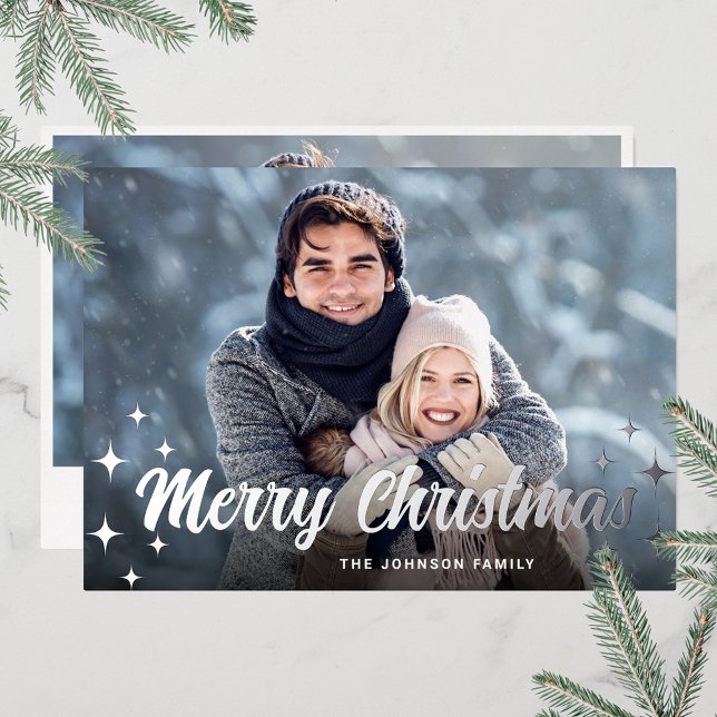 Sparkle Christmas 2 PHOTO Greeting Silver (Customizable Christmas holiday greeting photo card with real foil print.)