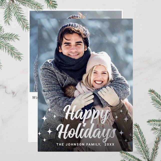 Sparkle Christmas 2 PHOTO Greeting Silver (Customizable Christmas holiday greeting photo card with real foil print.)