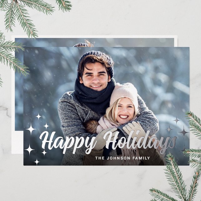Sparkle Christmas 2 PHOTO Greeting Silver (Customizable Christmas holiday greeting photo card with real foil print.)