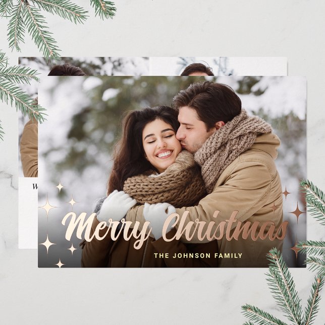 Sparkle Christmas 3 PHOTO Greeting Rose Gold (Customizable Christmas holiday greeting photo card with real foil print.)