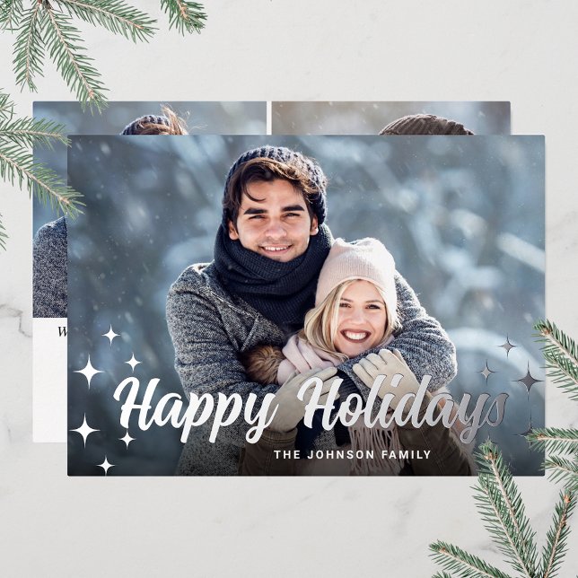 Sparkle Christmas 3 PHOTO Greeting Silver (Customizable Christmas holiday greeting photo card with real foil print.)