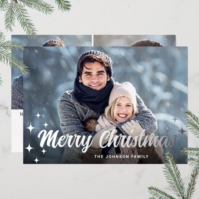 Sparkle Christmas 3 PHOTO Greeting Silver (Customizable Christmas holiday greeting photo card with real foil print.)