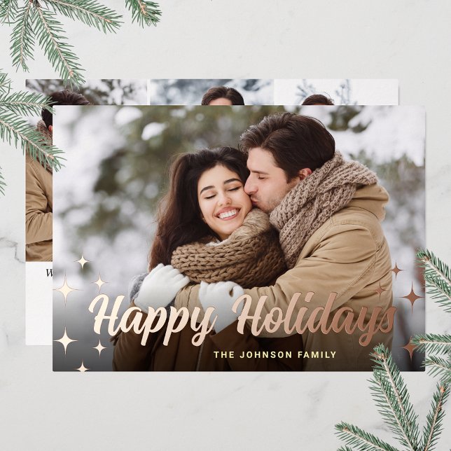 Sparkle Christmas 4 PHOTO Greeting Rose Gold (Customizable Christmas holiday greeting photo card with real foil print.)