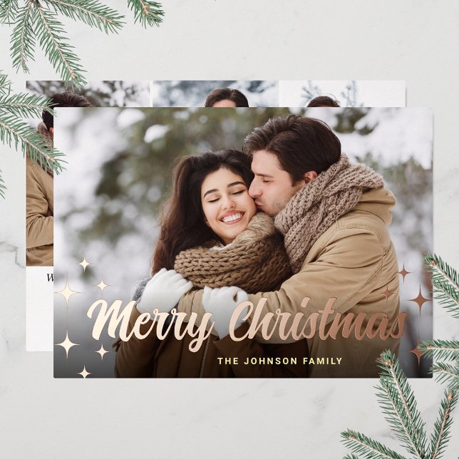 Sparkle Christmas 4 PHOTO Greeting Rose Gold (Customizable Christmas holiday greeting photo card with real foil print.)