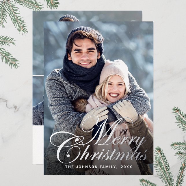 Sparkle Christmas 4 PHOTO Greeting Silver (Customizable Christmas holiday greeting photo card with real foil print.)