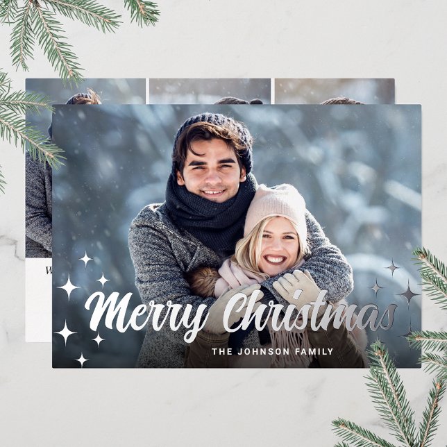 Sparkle Christmas 4 PHOTO Greeting Silver (Customizable Christmas holiday greeting photo card with real foil print.)