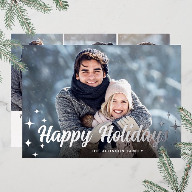 Sparkle Christmas 4 PHOTO Greeting Silver (Customizable Christmas holiday greeting photo card with real foil print.)