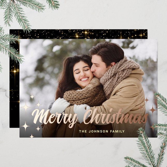 Sparkle Christmas PHOTO Greeting Rose Gold (Customizable Christmas holiday greeting photo card with real foil print.)
