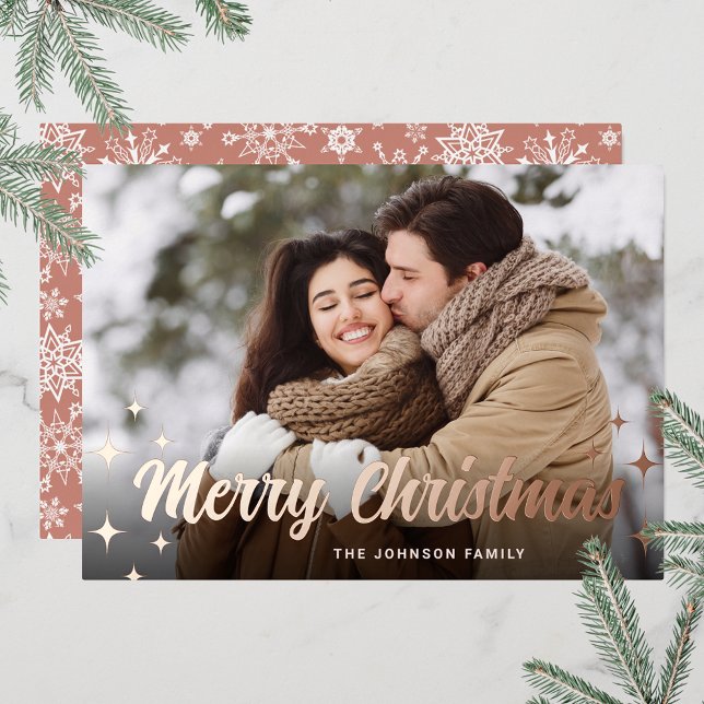 Sparkle Christmas PHOTO Greeting Rose Gold (Customizable Christmas holiday greeting photo card with real foil print.)